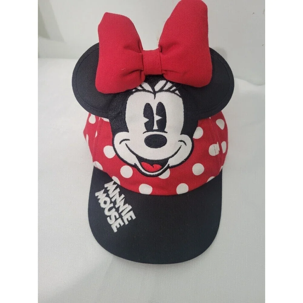 Disney Girls Hat Minnie Mouse  Ears Red Bow Embroidered Logo Black Polka Dots